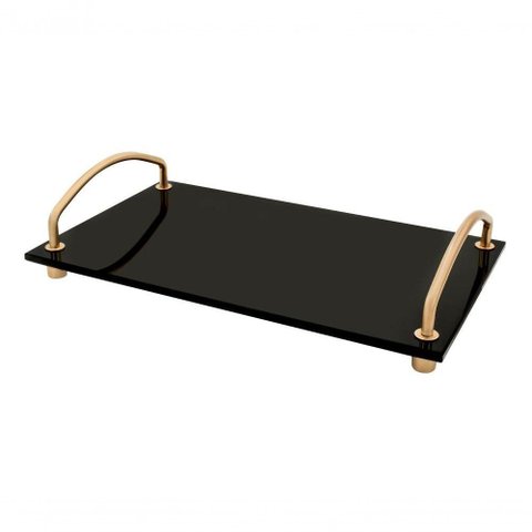 Bandeja Decorativa Bancada Vidro Preto Alças Dourada 25x15cm