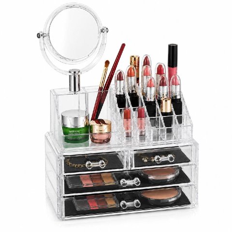 Organizador Acrilico Porta Maquiagem com Espelho 4 Gavetas 16 Divisorias para Batom Pincel Cosmetico
