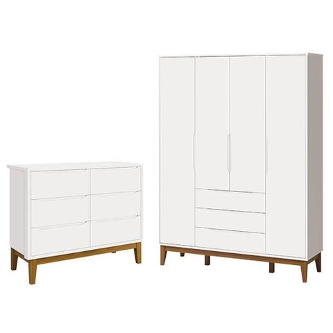 Cômoda Infantil 6 Gavetas com Guarda Roupa Classic Elfe Branco Acetinado com Pés Madeira - Reller