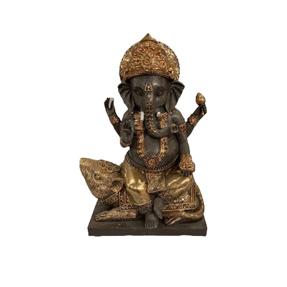 Imagem Estátua Ganesha Dourada com Rato 20cm - 1