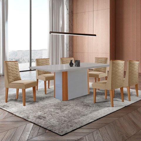 Mesa de Jantar Isadora 180cm Tampo Mdf Vidro com 6 Cadeiras Safira