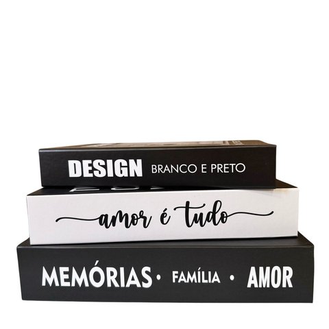 Decoração Sala 3 Livros Caixa Fake Preto/branco Moderno