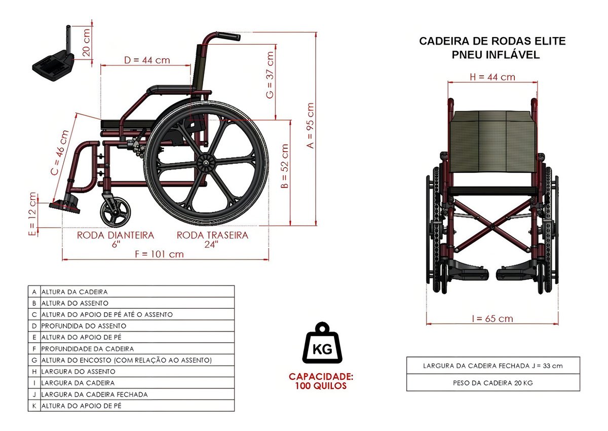 Cadeira de Rodas Elite Aço Carbono Pneu Inflável 44cm 100kg - 7