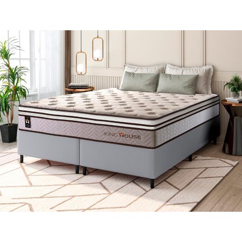 Conjunto Cama Box Queen c/ Molas Ensacadas Liverpool Cinza 158x198x73