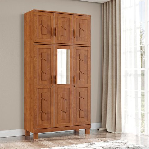 Guarda Roupa Bipartido 6 Portas com Espelho Linha Cobre 1274c Castanho Finestra