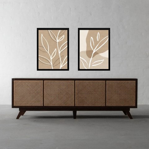 Kit 2 Quadros Minimalista Bege - Simple Leaf 33x24cm:madeira Branca
