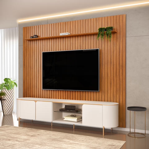Painel Estante Home Ripado Trento Freijó P/ Tv 75 C/ Bancada Ariana Off Whitw - Dj Móveis