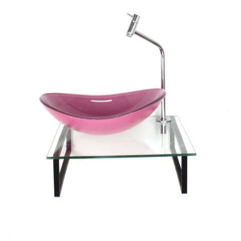 Gabinete de Vidro com Cuba Oval Rosa Tampo 40cm Incolor Mais Torneira Metal