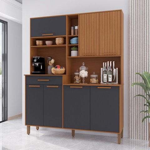 Armário de Cozinha Frisado 7 Portas 1 Gaveta 160cm Roma Marrom/Freijó/Chumbo