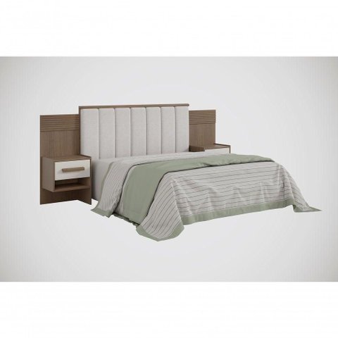 Cabeceira para Cama de Casal Ripada Irís Estofada com 2 Mesas de Cabeceira D' Doro Castanho/off