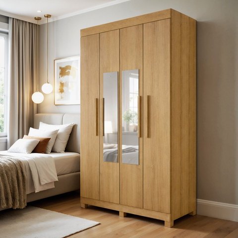 Guarda-Roupa Casal 4 Portas 2 Gavetas com Espelho 100% MDF Jandaia Marrom/Cinamomo