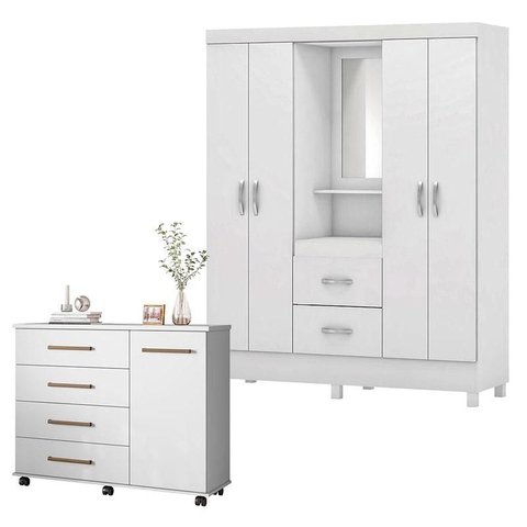 Cômoda Flora e Guarda Roupa Casal Lord Branco Flex - Demóbile