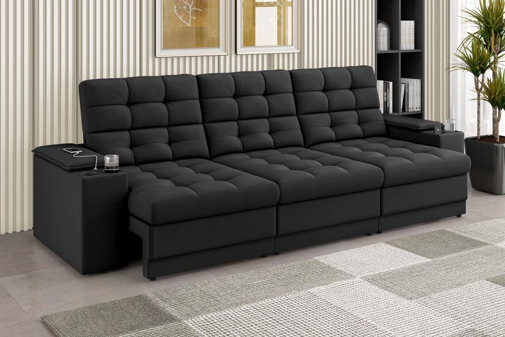 Sofá Confort Premium 2,30m Assento Retrátil/reclinável Porta Copos e Usb Suede Preto - Xflex - 1