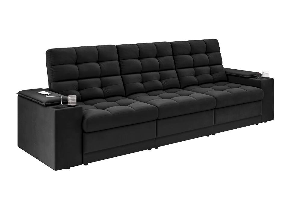 Sofá Confort Premium 2,30m Assento Retrátil/reclinável Porta Copos e Usb Suede Preto - Xflex - 4