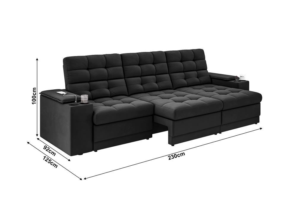 Sofá Confort Premium 2,30m Assento Retrátil/reclinável Porta Copos e Usb Suede Preto - Xflex - 2