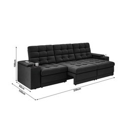 Sofá Confort Premium 2,30m Assento Retrátil/reclinável Porta Copos e Usb Suede Preto - Xflex - 2