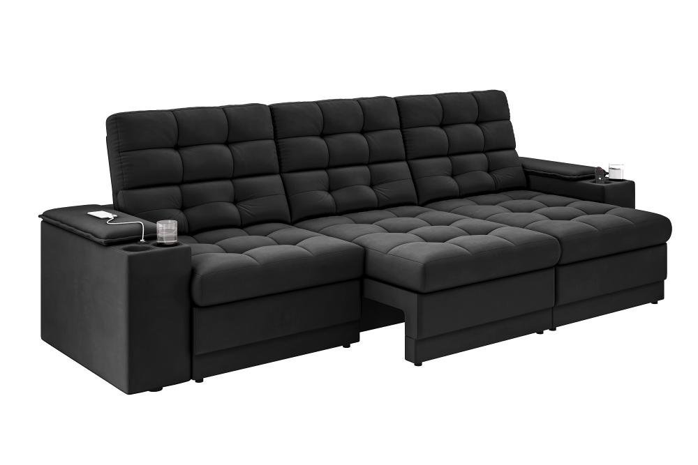 Sofá Confort Premium 2,30m Assento Retrátil/reclinável Porta Copos e Usb Suede Preto - Xflex - 3