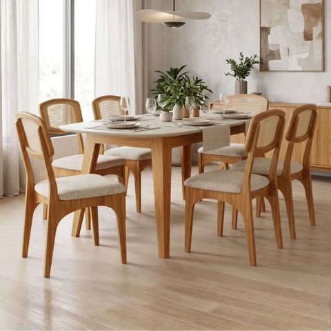 Mesa Jantar 1,80m Orgânica 6 Lugares com 6 Cadeiras Estofadas e Encosto Tela Palha 100% MDF Dalla