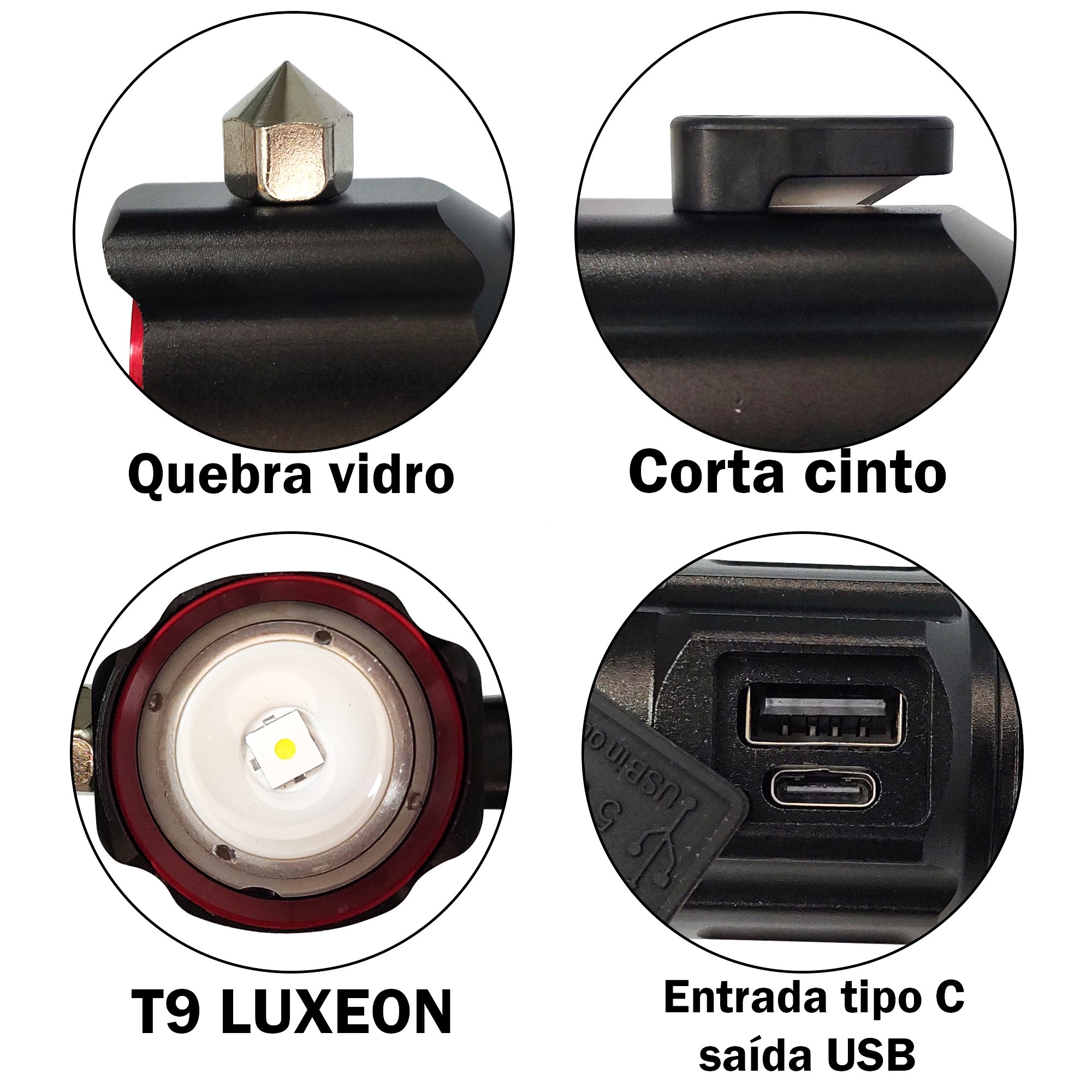 LANTERNA DE MÃO EDC SUPER LED CREE V3 DE ALTO BRILHO  COM CORTA CINTO E QUEBRA VIDRO NA CABEÇA - 3