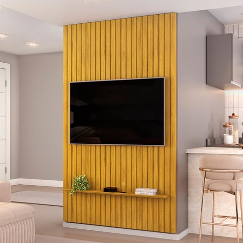 Painel Ripado para TV 60 pol Sala Quarto 143x240cm Lexa D05 Cedro - Lyam Decor