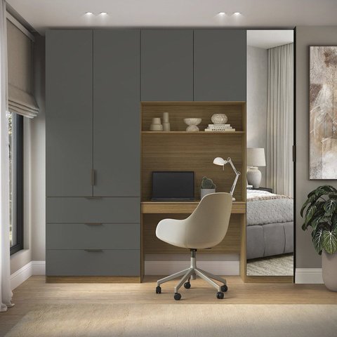 Guarda Roupa Modular 5 Portas com Mesa e Espelho Altezza Clean Freijó/Titânio