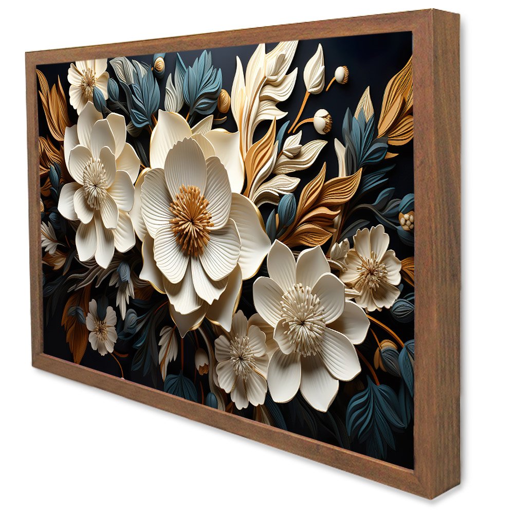 Quadro Decorativo Floral Luxo Flores Tons de Ouro e Azul em Moldura Caixa Tacolado Moldura Caixa 3cm