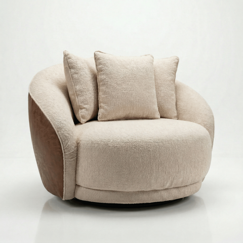 Poltrona Giratória Veneza 122cm Tecido Bouclé Premium e Corino Design Curvo Moderno Sala Estar Quart