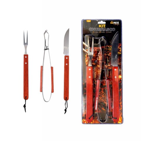 Kit Churrasco Wood 3 Peças Aço Inox com Cabos em Madeira Garfo Faca e Pegador