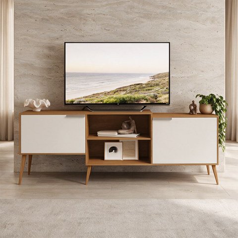 1. Rack para TV 180cm com 2 Portas MDF Prime Aparador Sala Pés Madeira Maciça Carvalho Off White