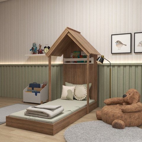 Mini Cama Infantil 1 Prateleira Casinha Bege/Carvalho Mel