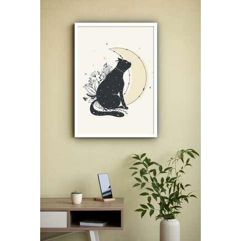 Quadro Decorativo Gato Preto Lua Amarela - 70x50cm:moldura Branca