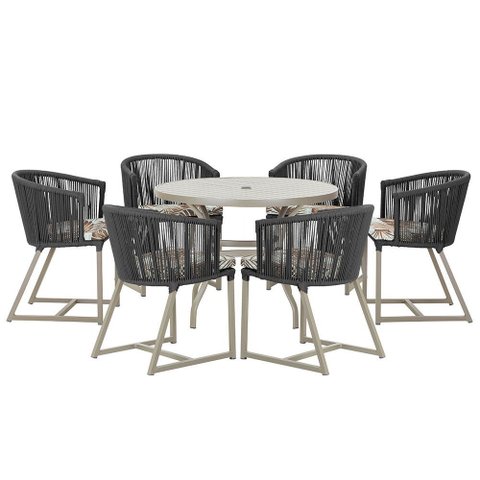 Mesa com 6 Cadeiras de Jantar Roma 120cm e Noronha em Alumínio Fendi Corda Náutica Estofado 6 Trama