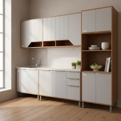 Cozinha Completa Celeste 5 Peças C/ Torre Forno e Micro 270cm 100% Mdf Cinamomo Platina