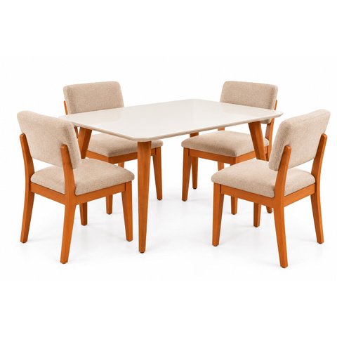 Jogo de Mesa de Jantar 110x80 com 4 Cadeiras de Madeira e Linho Estofada