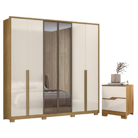 Guarda Roupa Casal Atacama 6 Portas Freijó Off com Vidro Reflecta com Mesa de Cabeceira Ares Freij