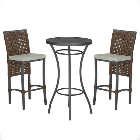 Mesa Bistrô com 2 Banquetas Roma Preta Corda Náutica Estofado 3 Trama Original