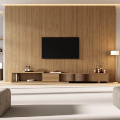 Rack Extensível Ripado com Painel TV 86 Polegadas Planejado 360x230cm Aruá CabeCasa MadeiraOriginals Marrom
