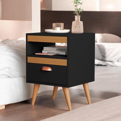 Kit 02 Mesas de Cabeceira Flex Sal Preto e Ypê Sal Movelaria