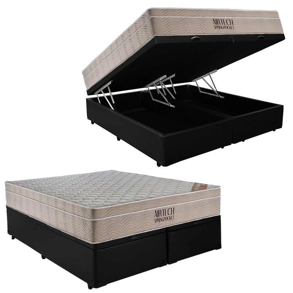 Cama Box Baú Casal Sintético Bipartido + Colchão Ortobom Airtech Molas Ensacadas 65x138x188