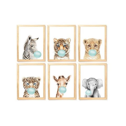 Kit Quadro Safari Real Balão Azul Infantil Decorativo Quarto Criança Enxoval Bebê Menino