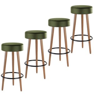 Kit 4 Banquetas Banco Alto Londres Couro Verde Bar Cozinha Pés Madeira Ms Decor