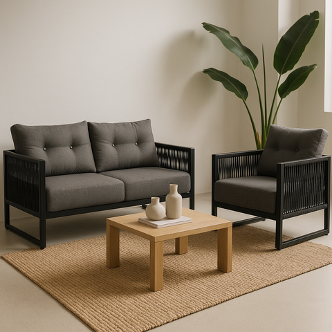 Kit Poltrona e Namoradeira Corda Nautica Varanda Sacada Sala Estar - Preto Linho Cinza