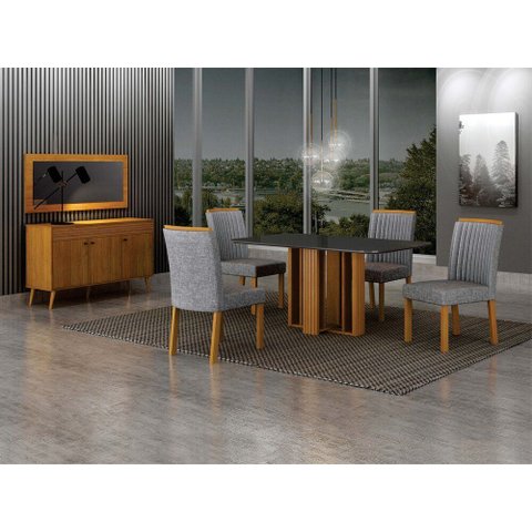 Conjunto Sala de Jantar Jade Gold 1,20m Tampo Chumbo 4 Cadeiras Jade Cinamomo/Linho Cinza