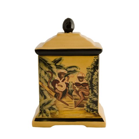 Potiche Caixa Decorativa Cerâmica Amarelo Macacos Laca Chinesa 21cm Columbus Gold