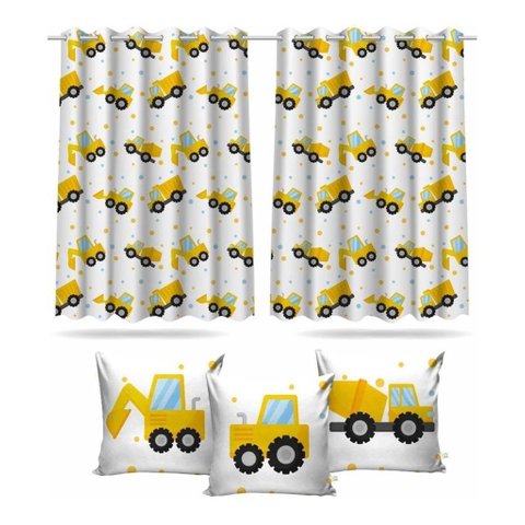 Cortina Infantil Trator Amarelo + 3 Capas Almofadas 2,6x1,5m