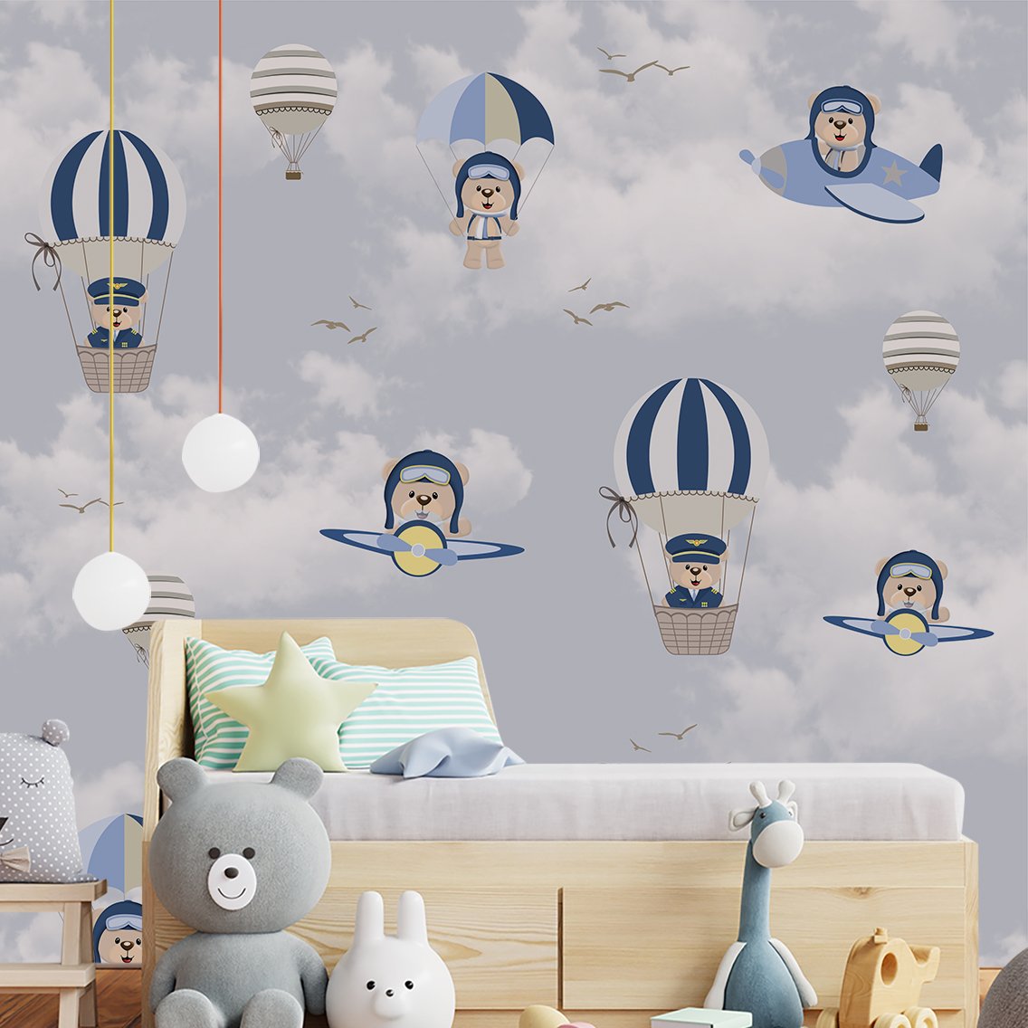 Papel de parede balão azul ursinho aviador infantil para quarto de bebê M² PP139 - 3
