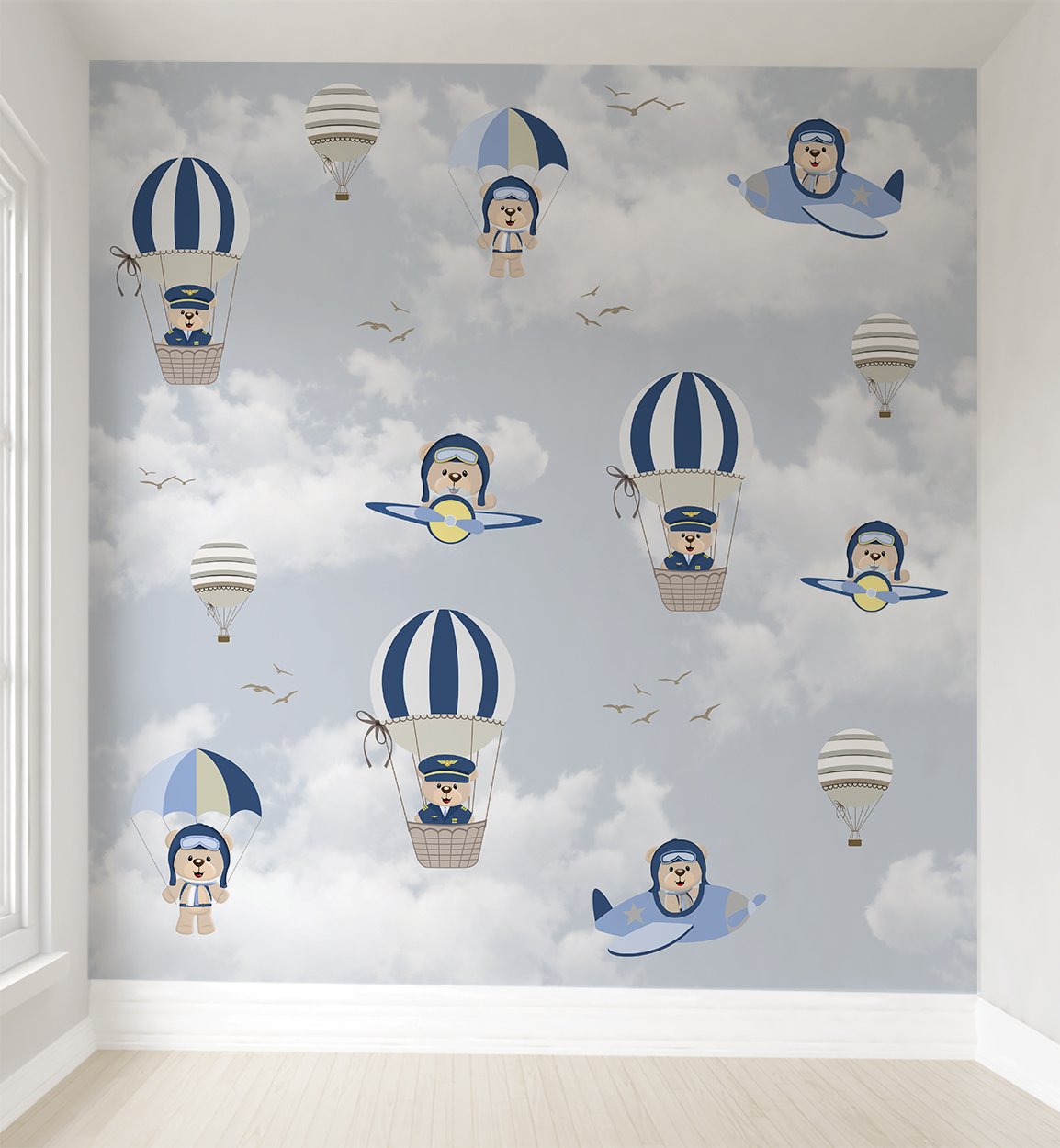 Papel de parede balão azul ursinho aviador infantil para quarto de bebê M² PP139
