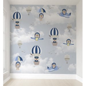 Papel de parede balão azul ursinho aviador infantil para quarto de bebê M² PP139