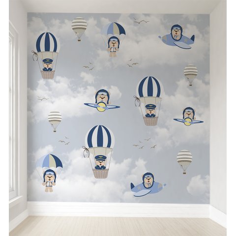 Papel de parede balão azul ursinho aviador infantil para quarto de bebê M² PP139