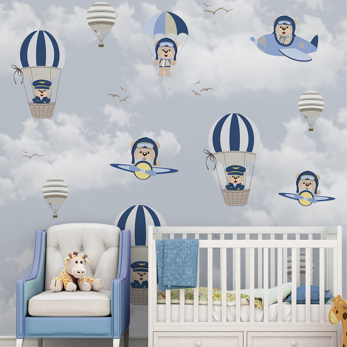 Papel de parede balão azul ursinho aviador infantil para quarto de bebê M² PP139 - 4